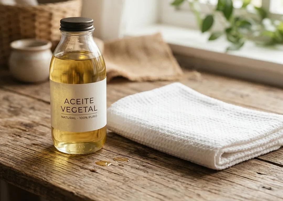 Frasco de aceite vegetal y una toalla limpia sobre una superficie de madera, con luz suave