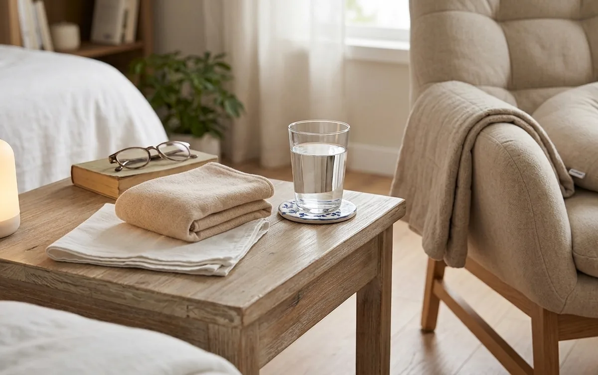 Compresa tibia y un vaso de agua sobre una mesa de noche, junto a una silla de lactancia