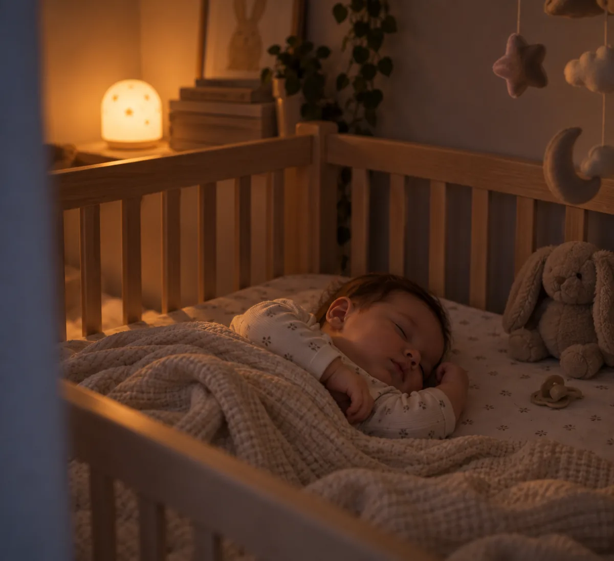 Habitación en penumbra preparada para la siesta, cuna con luz tenue