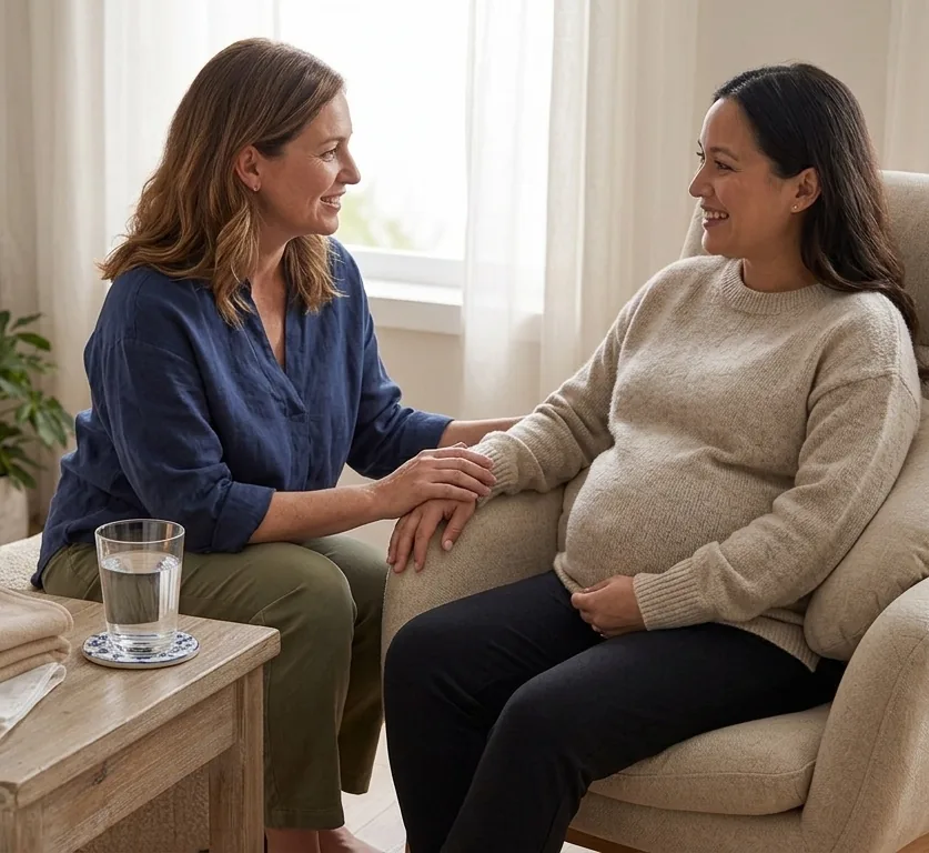 Doula sentada junto a una embarazada, conversando de forma cercana y cálida, sin elementos clínicos de por medio