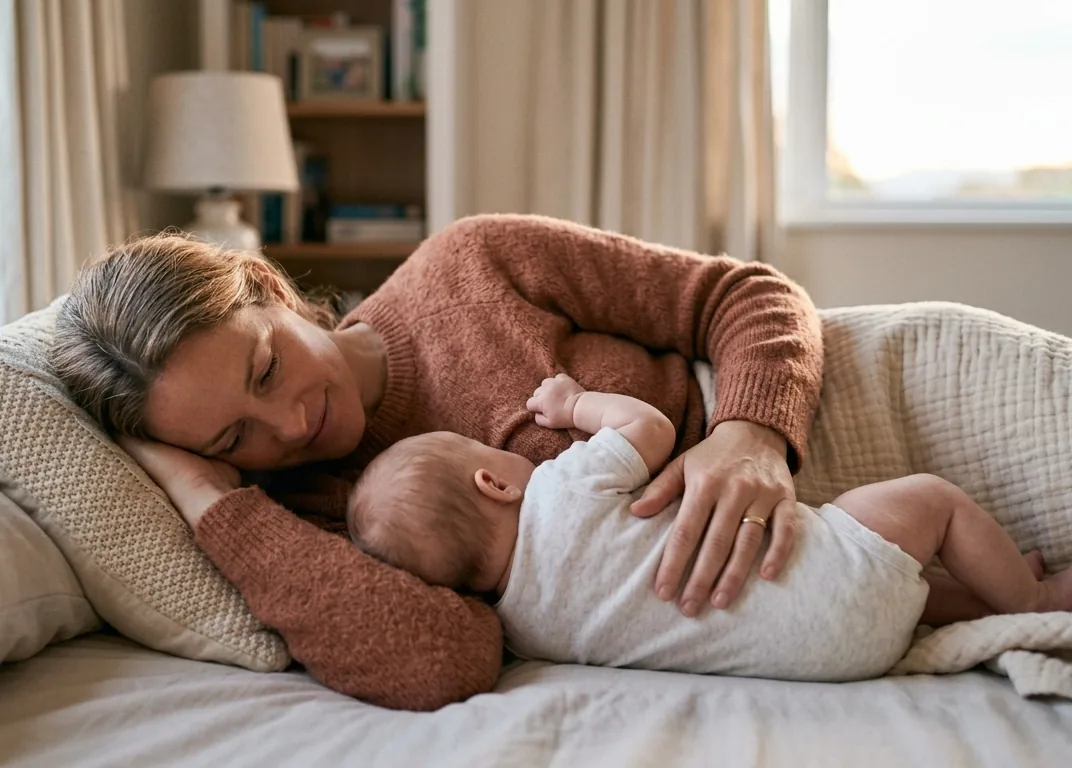 Madre recostada de lado en la cama amamantando a su bebé, ambiente sereno y luz suave