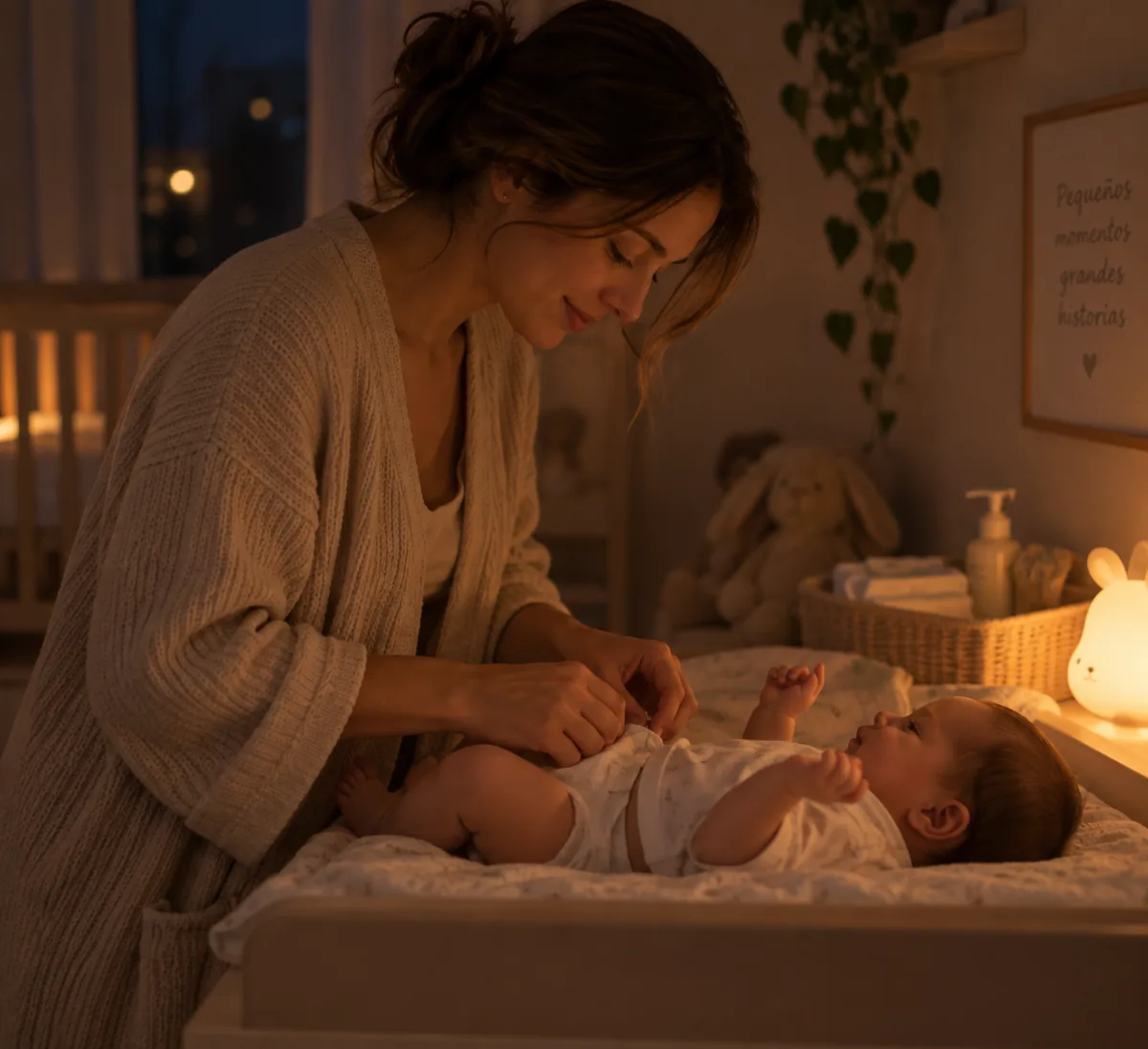 Madre cambiando el pañal de su bebé de noche, con una luz tenue