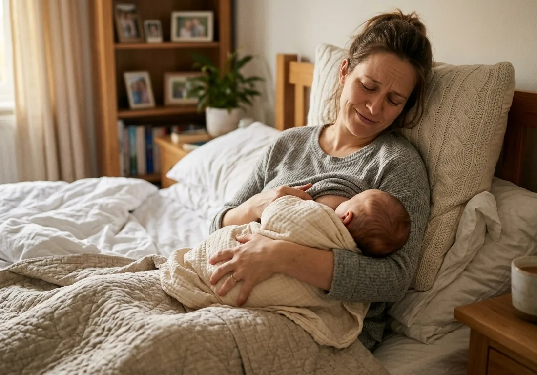 Madre sentada en la cama con expresión de cansancio mientras amamanta, ambiente doméstico y cálido