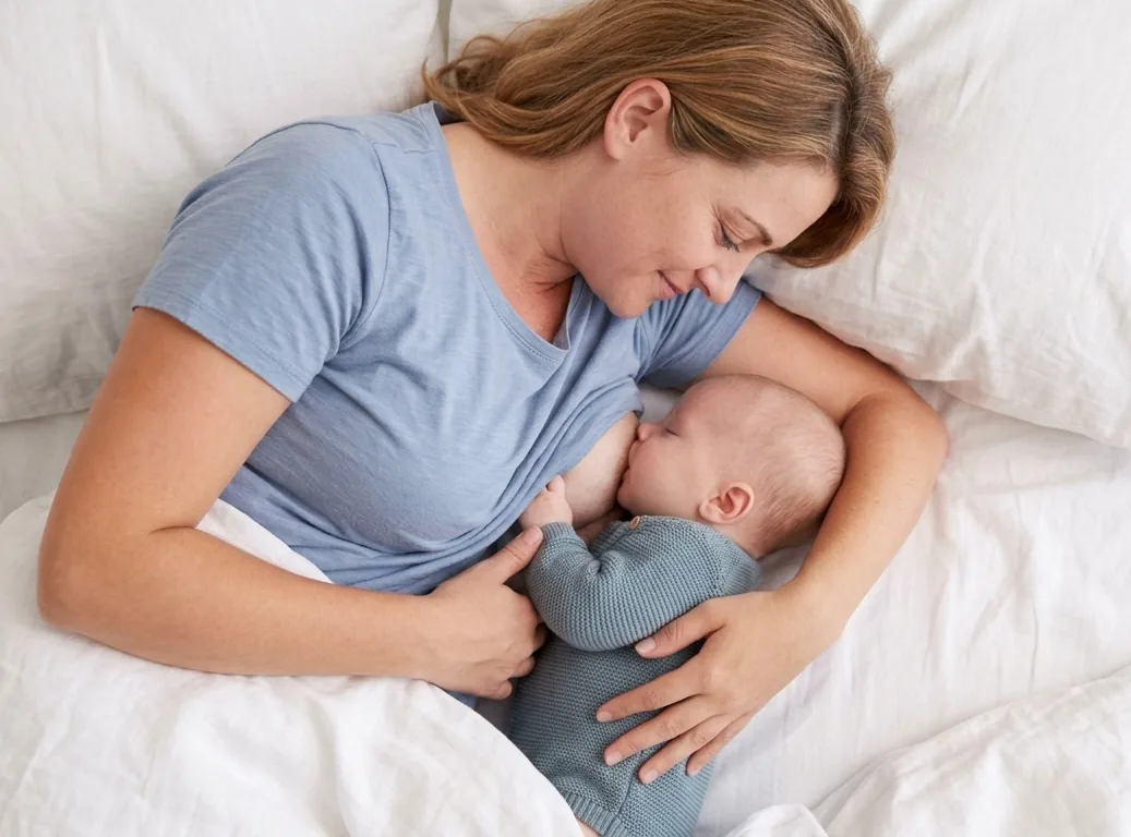 Detalle de la mano de una madre apoyada sobre la espalda de su bebé recostado de lado en la cama