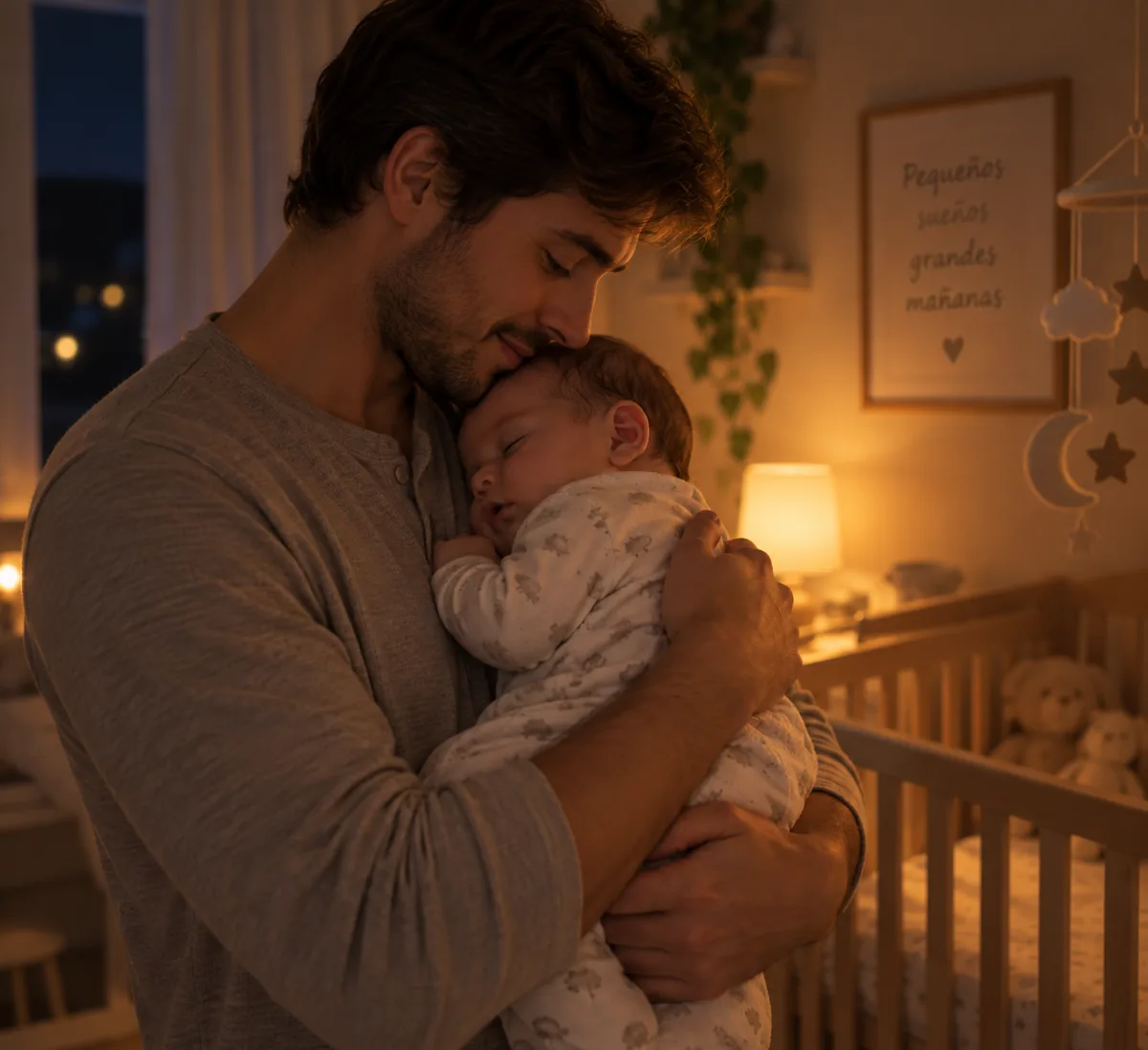 Padre o pareja acunando al bebé de noche mientras la madre descansa en segundo plano