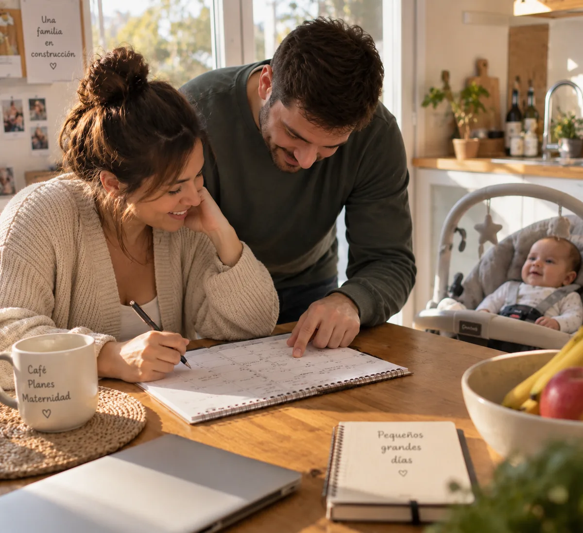 Pareja mirando juntos una lista o calendario en la mesa de la cocina con el bebé cerca