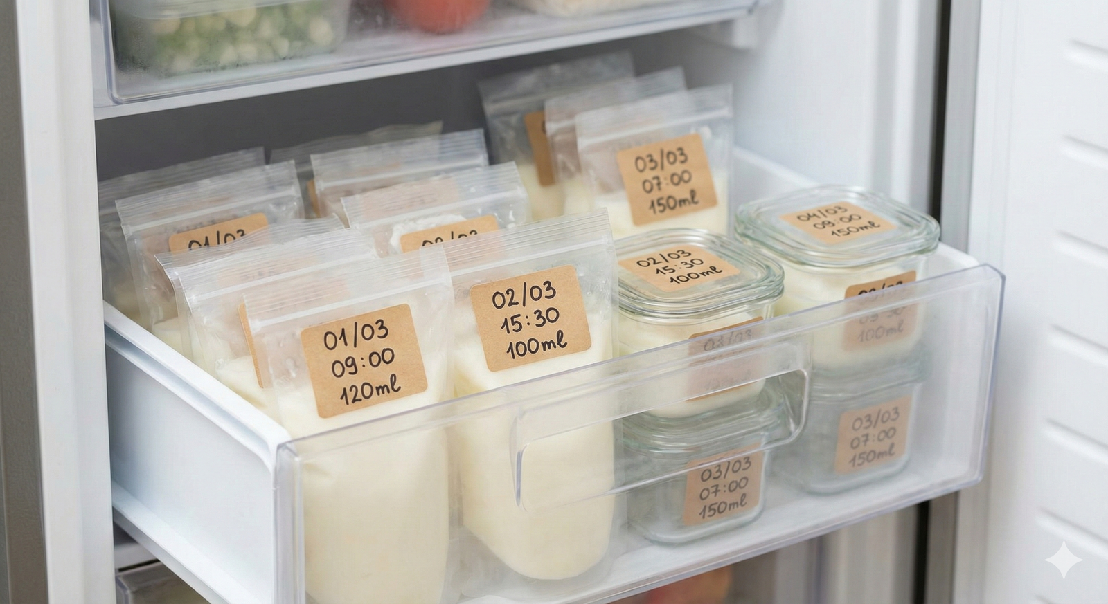 Organización y rotulado de leche materna en freezer con sistema de rotación para uso eficiente.