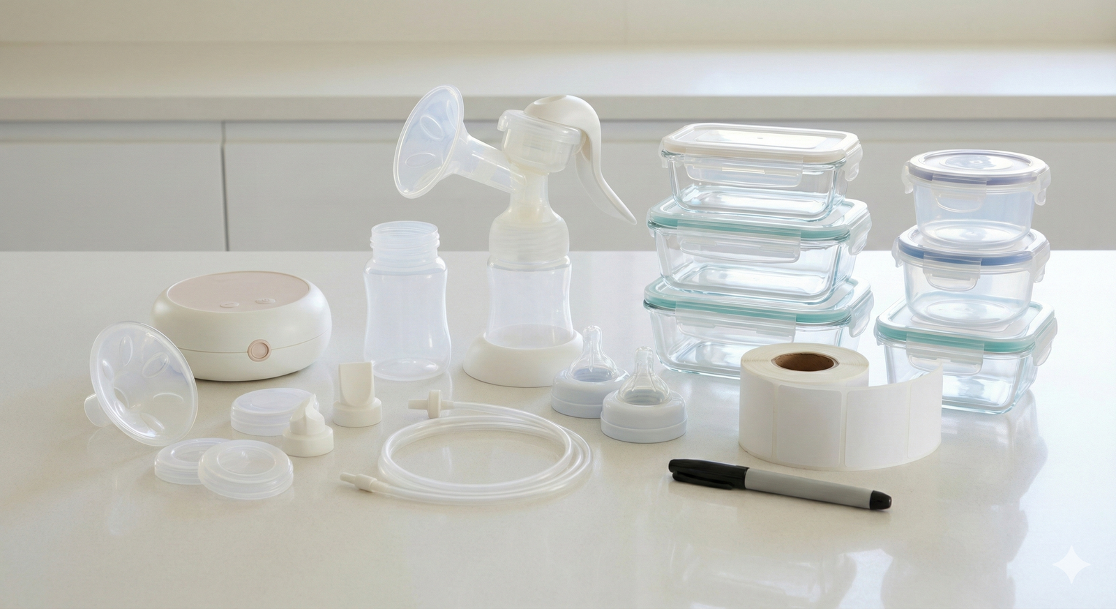 Elementos para extracción con bomba y conservación: piezas limpias, recipientes y rotulado.