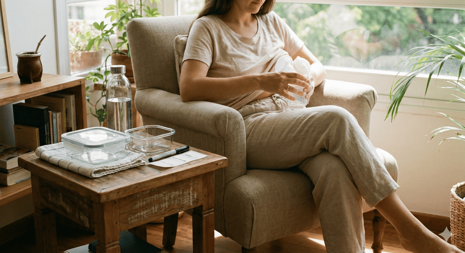 Madre preparando el espacio para extracción de leche materna con recipientes limpios y etiquetas.
