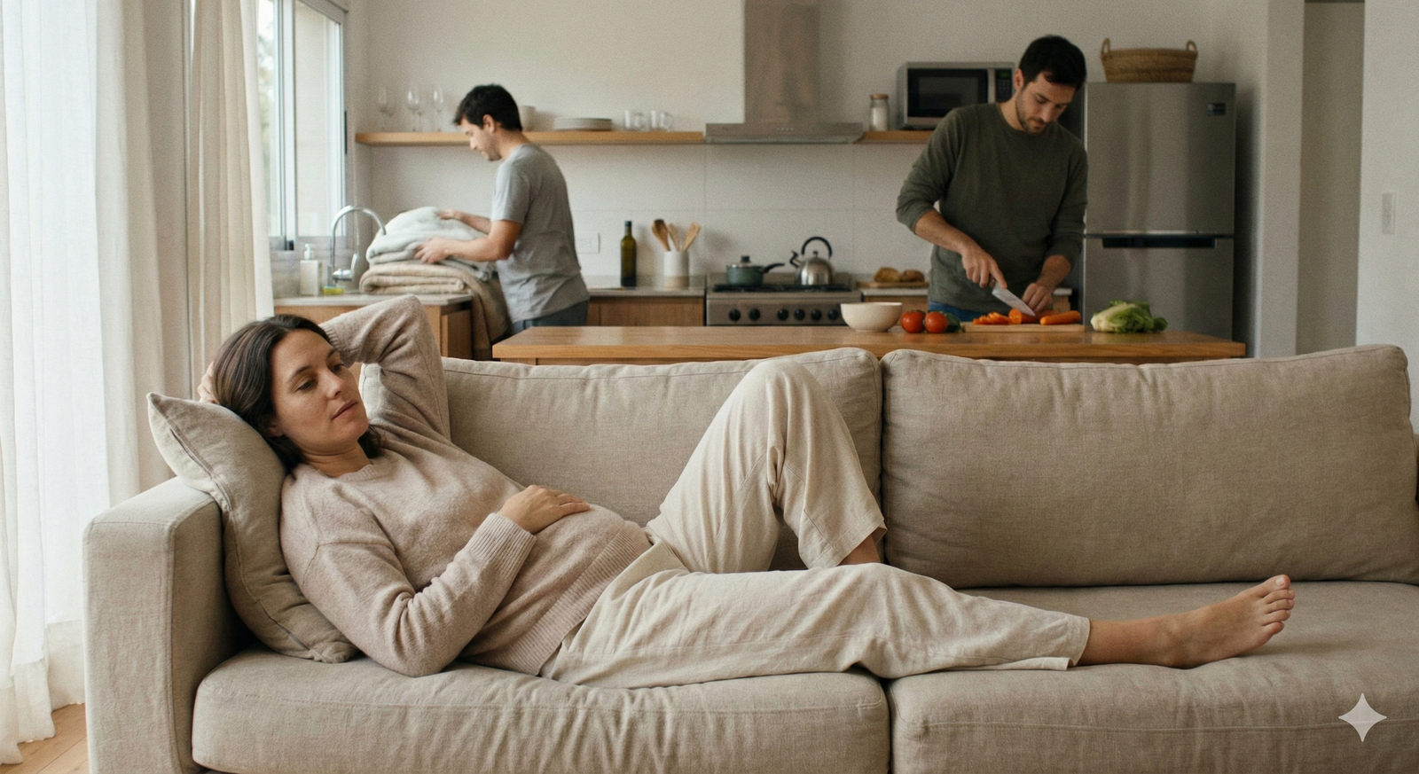 Madre en posparto recibiendo apoyo práctico en casa durante el puerperio.