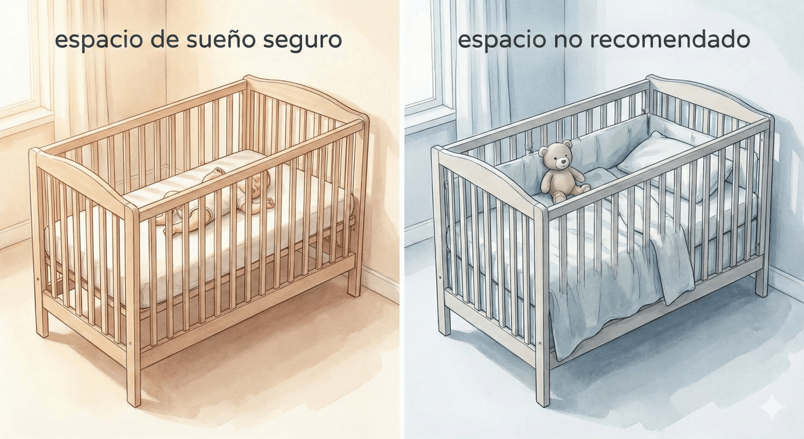 Comparación visual de una cuna despejada y segura versus una cuna con objetos sueltos no recomendados.