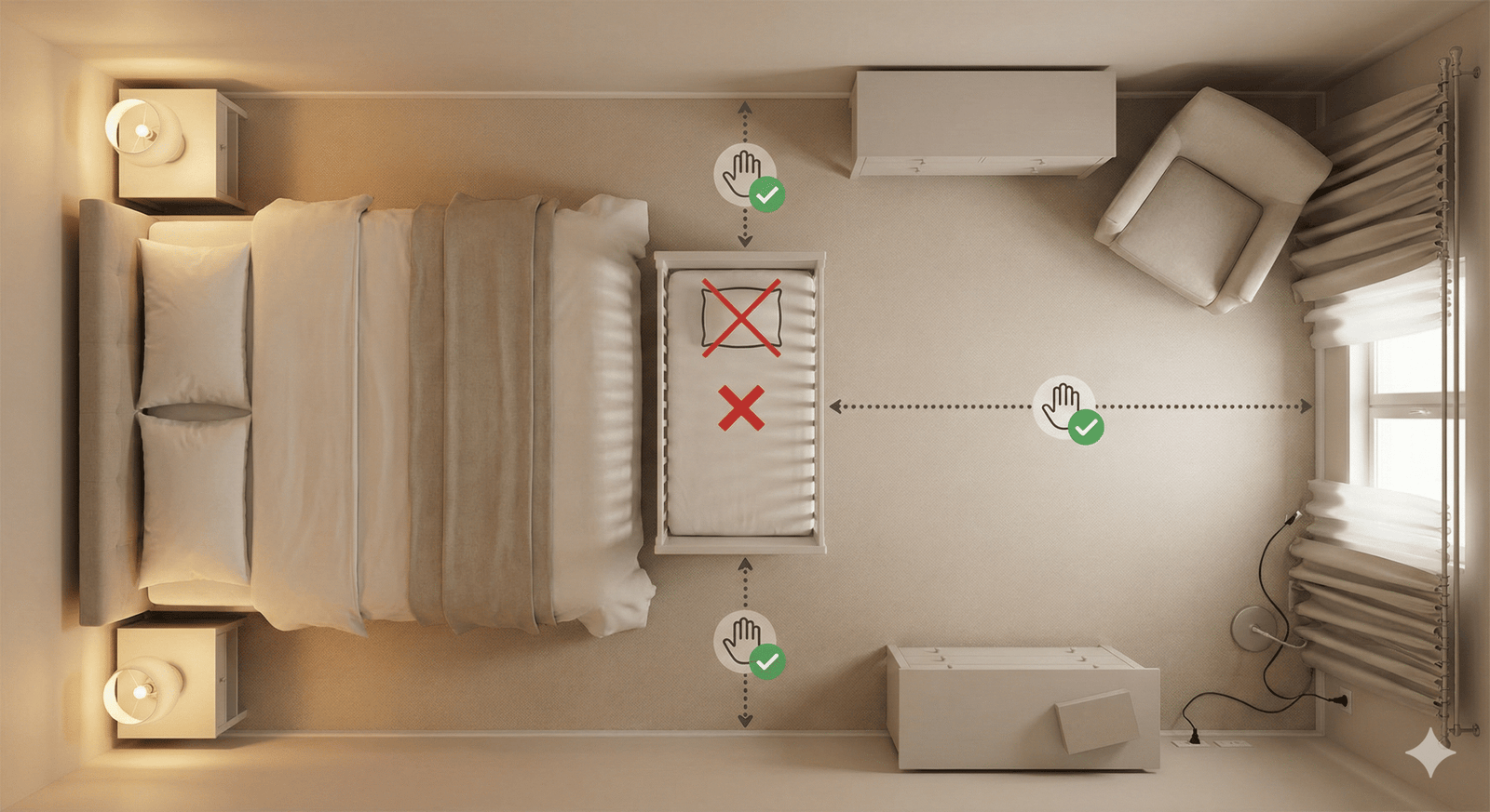 Esquema de una habitación con la cuna al lado de la cama y el entorno ordenado para un sueño más seguro.