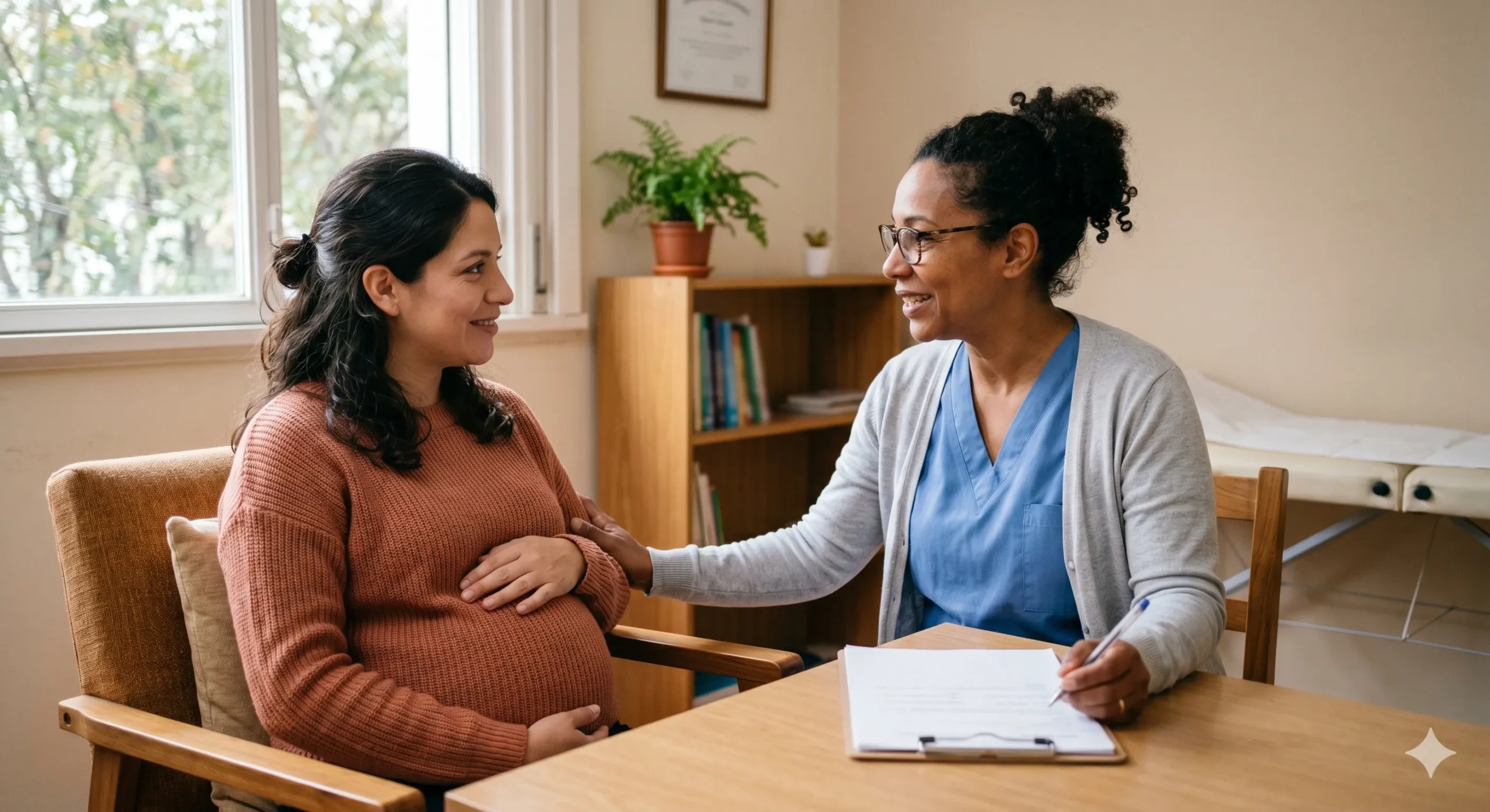 Embarazada conversando con una persona de apoyo para pedir ayuda y acompañamiento.