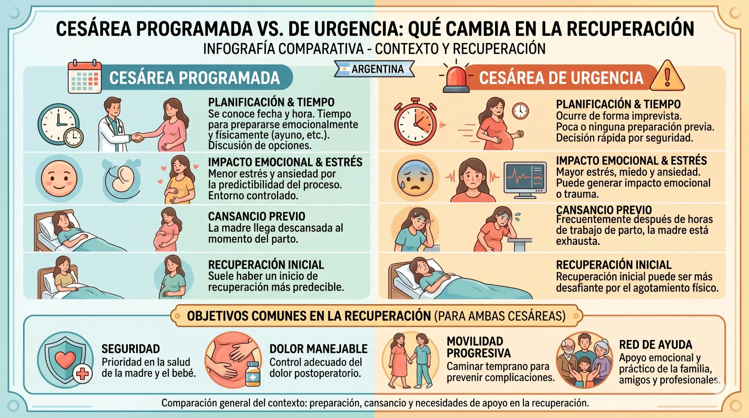 Infografía comparativa entre cesárea programada y cesárea de urgencia y su contexto de recuperación.