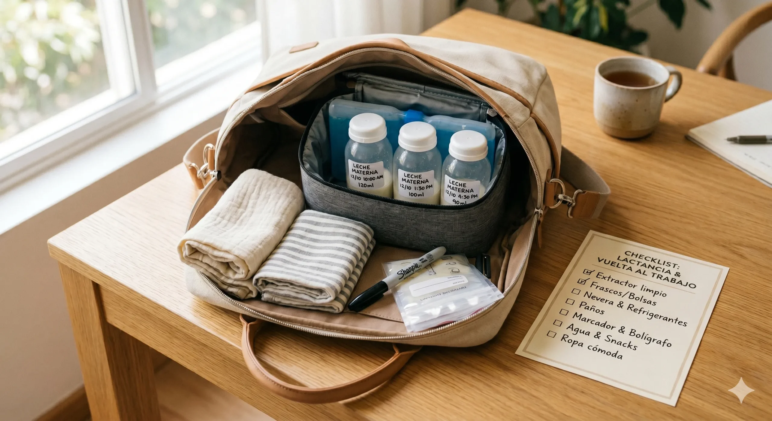 Kit de lactancia armado para volver al trabajo con conservadora y recipientes rotulados.