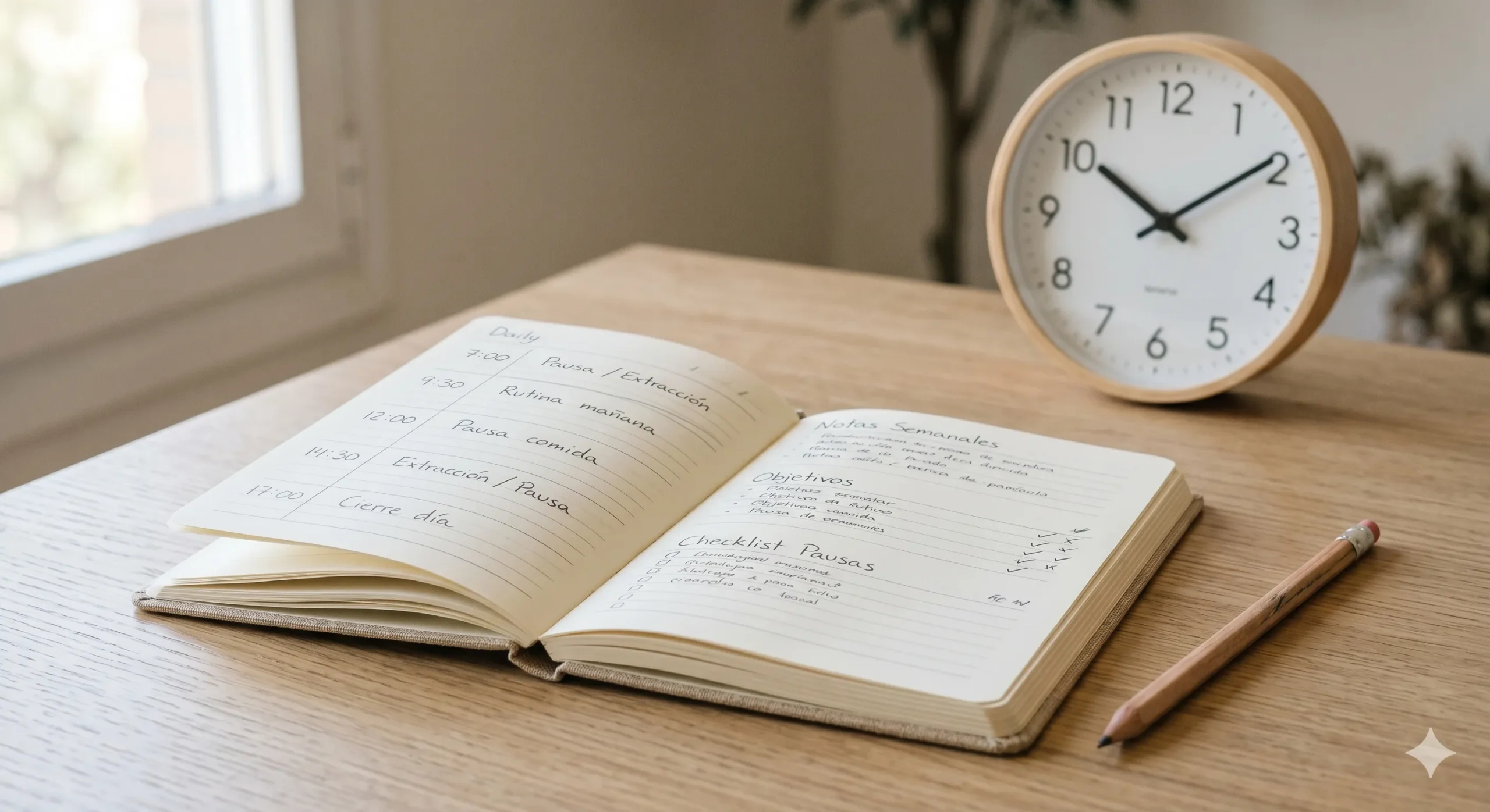 Agenda con planificación simple de pausas para lactancia y trabajo.