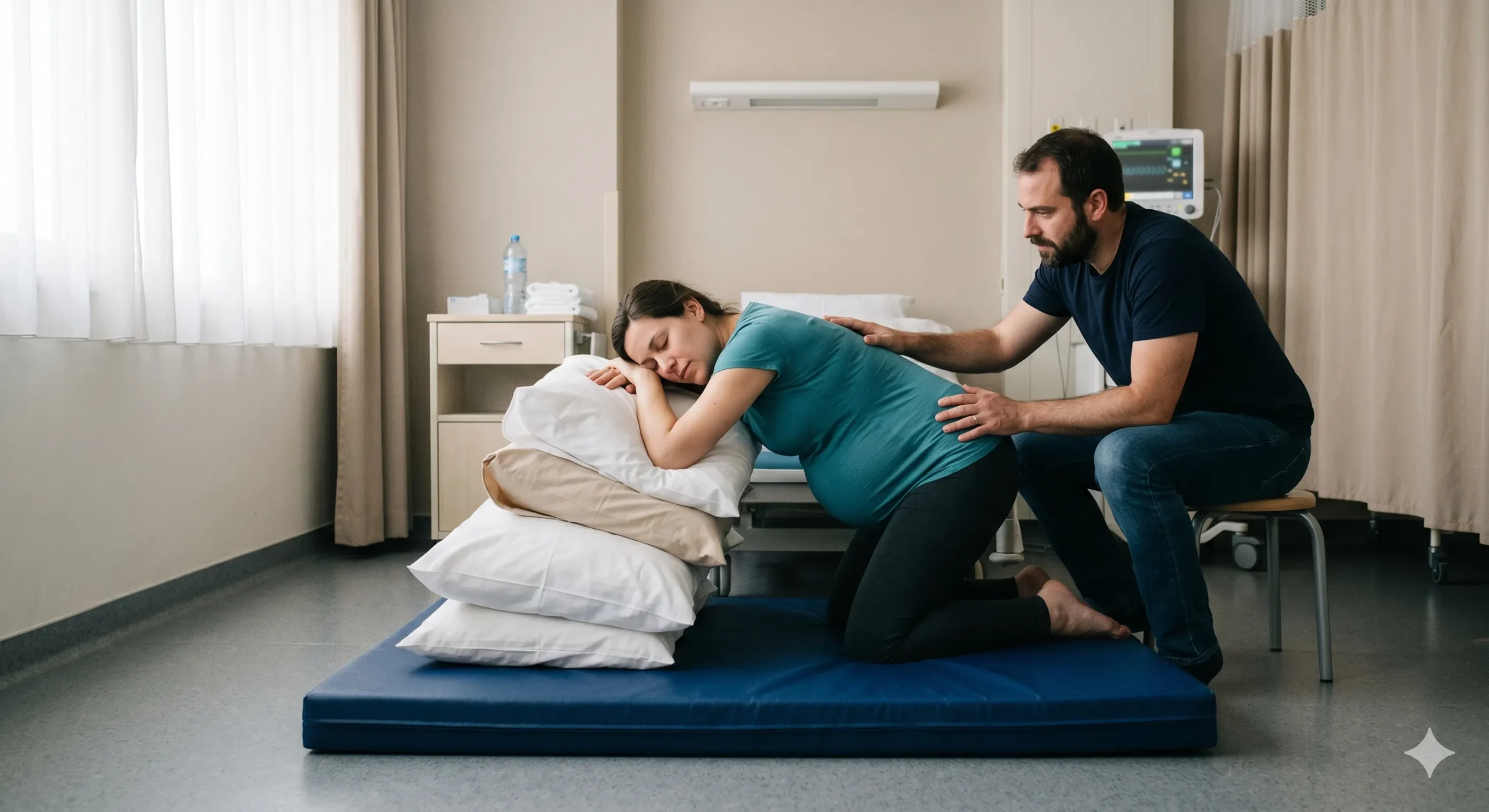 Postura en cuatro apoyos con acompañamiento para mayor comodidad durante el trabajo de parto.