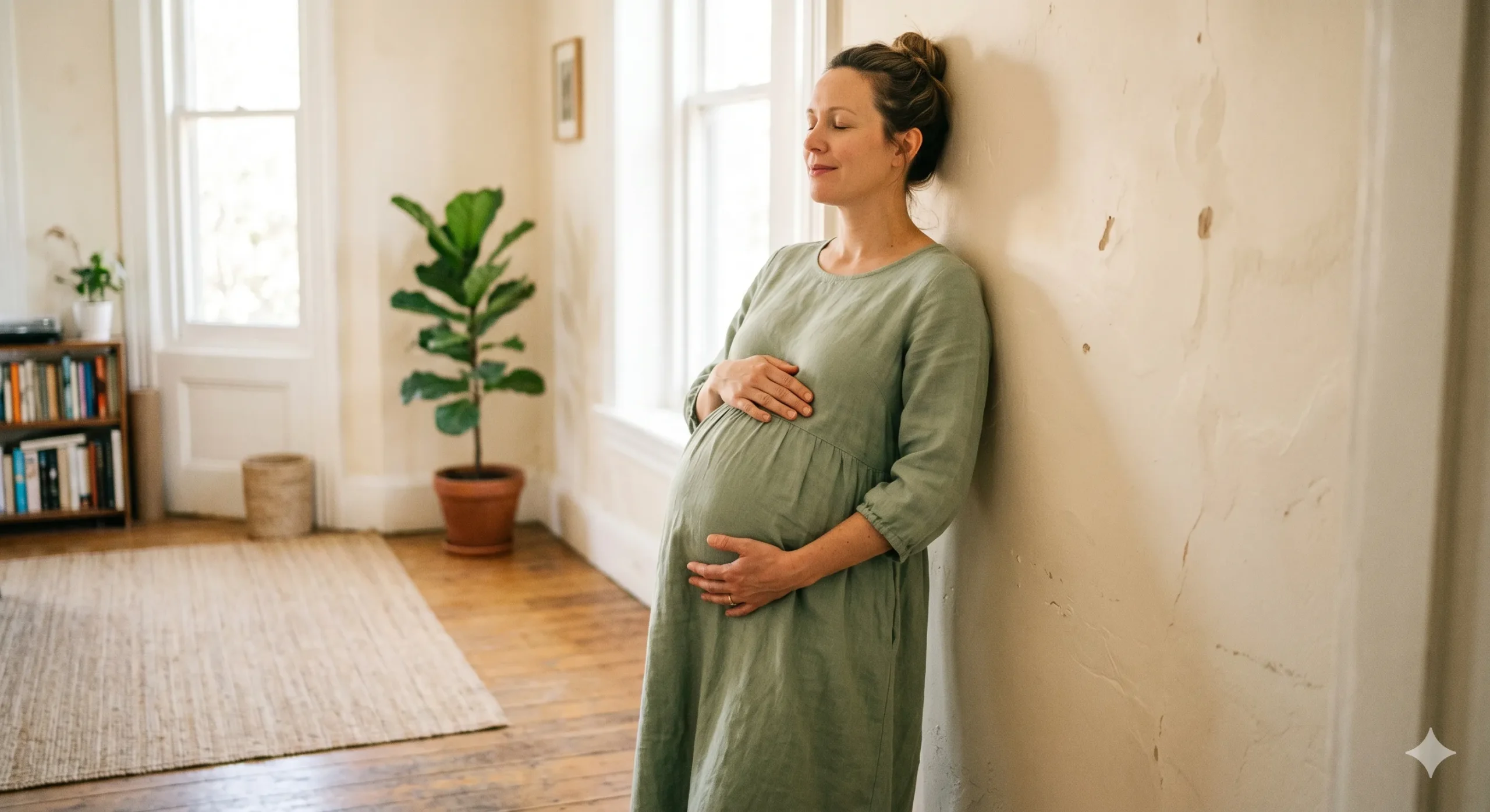 Mujer embarazada respirando con calma mientras se apoya de pie para transitar una contracción.