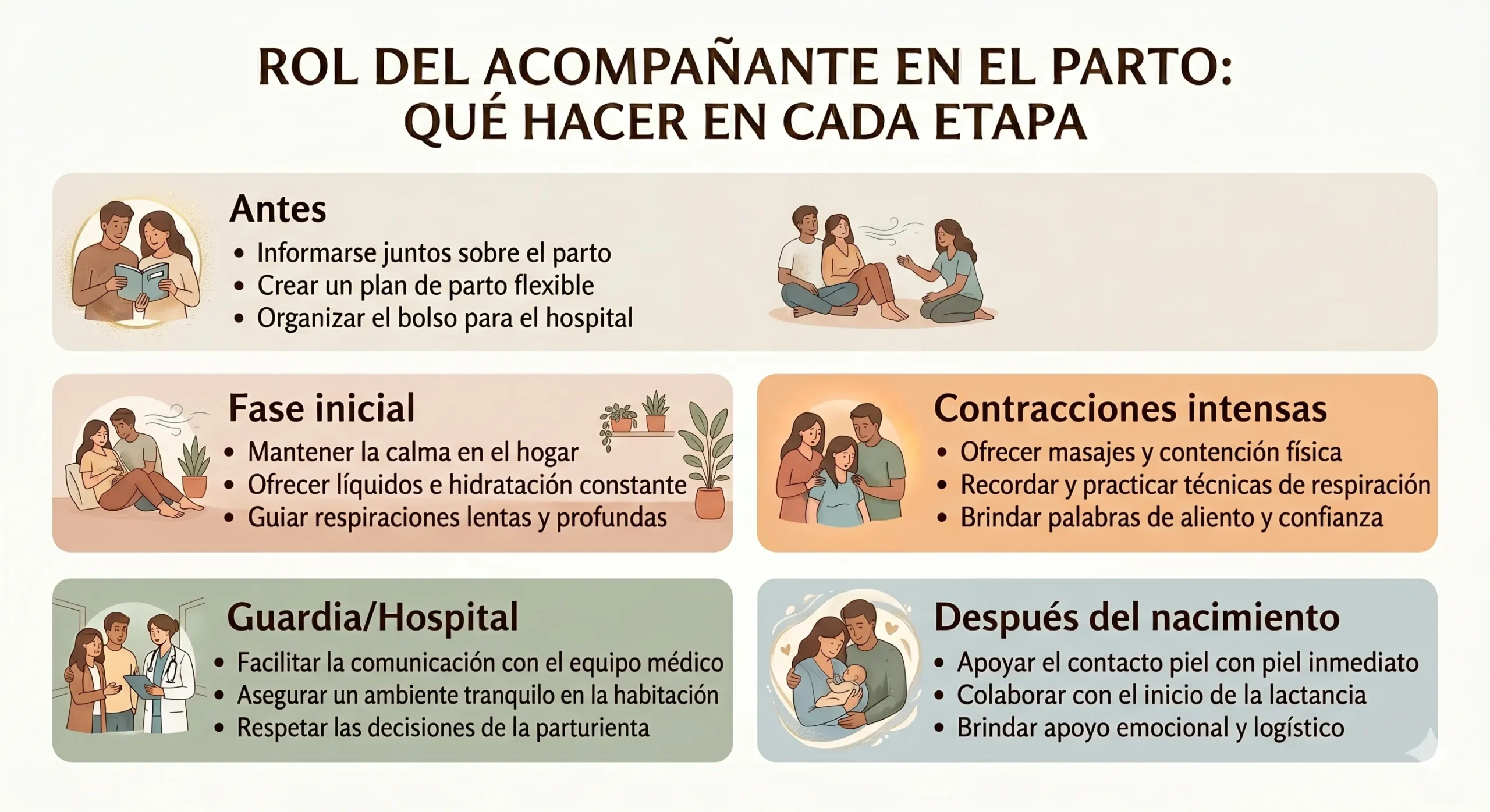 Infografía con acciones del acompañante antes, durante y después del parto.